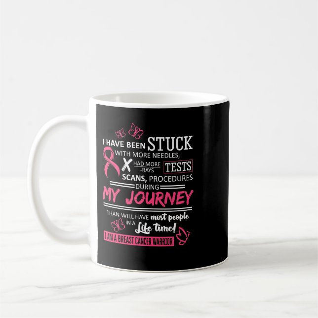 Breast Cancer My Journey I Am A Warrior pink ribbo Coffee Mug (Left)