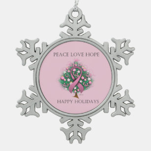 Breast Cancer Peace Love Hope Snowflake Pewter Christmas Ornament