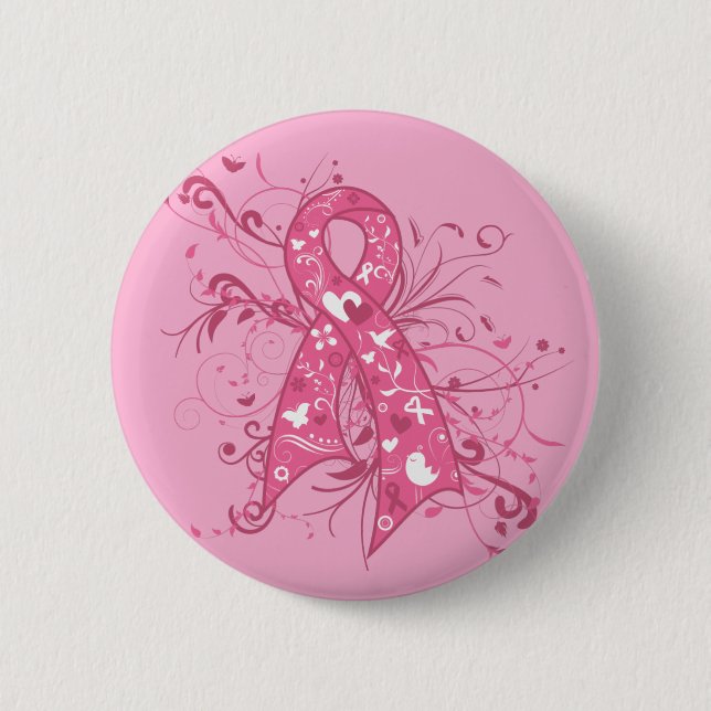 Breast Cancer Pink Floral Ribbon Swirl 2 Inch Round Button (Front)