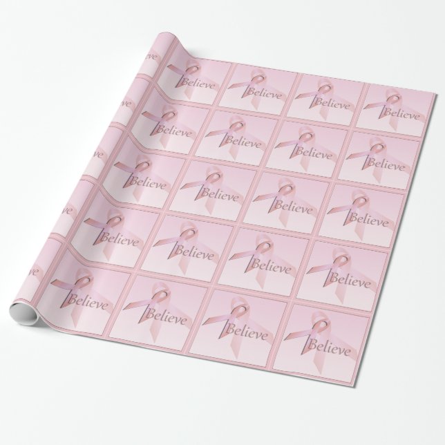 Breast Cancer Pink Ribbon Believe Gift Wrap (Unrolled)