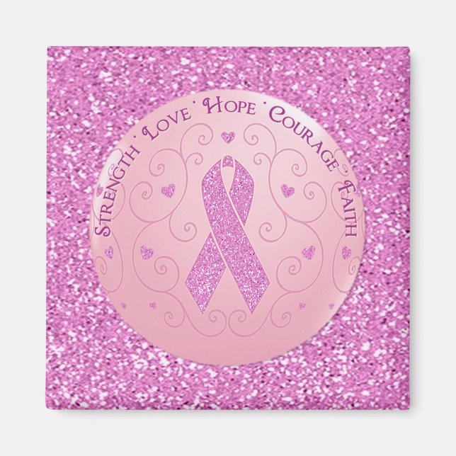 Breast Cancer Pink Ribbon Glitter Magnet (Front)