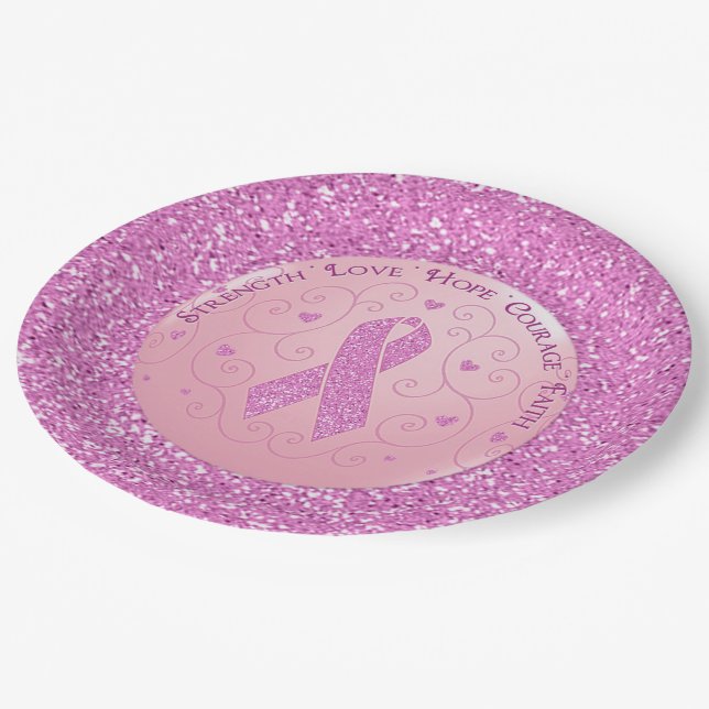 Breast Cancer Pink Ribbon Glitter Paper Plates (Angled)