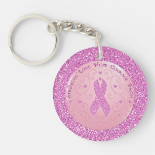 Breast Cancer Pink Ribbon Glitter Round Key Chain