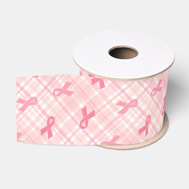 Breast Cancer Pink Ribbon Plaid Pattern Grosgrain Ribbon (Spool)