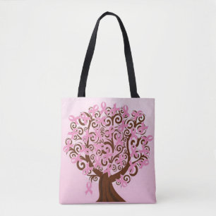 Breast cancer pink ribbons tree tote bag