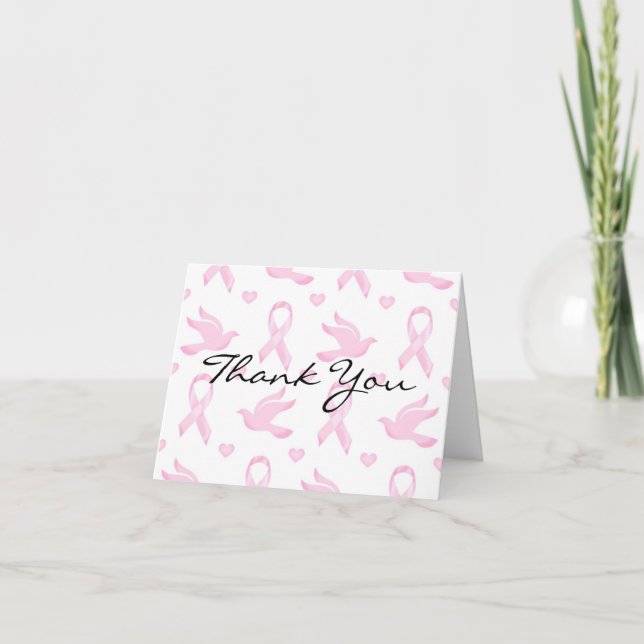 Breast Cancer Ribbon Dove Heart Thank You Card (Front)