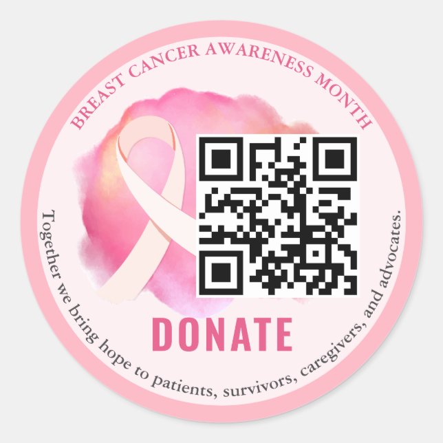 Breast Cancer Ribbon Fundraiser Donation QR CODE Classic Round Sticker (Front)