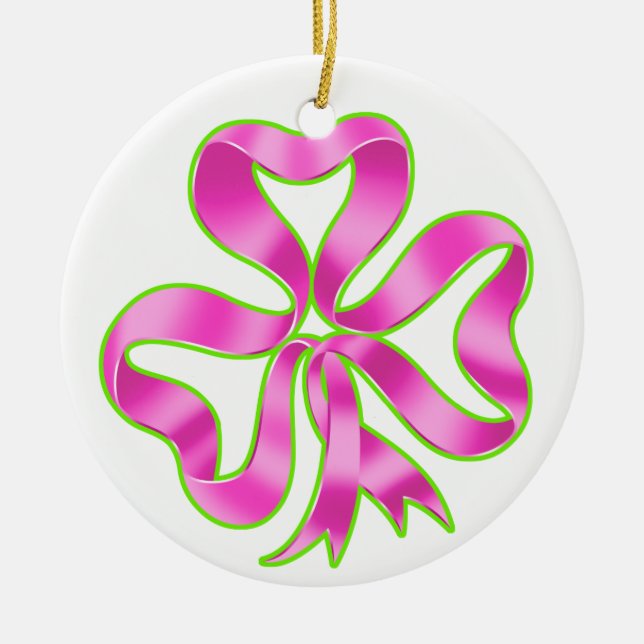 Breast Cancer Shamrock Ribbon Ceramic Ornament (Front)