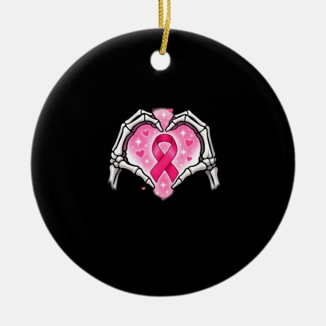 Breast Cancer Skeleton Hand Heart Sign Ribbon Awar Ceramic Ornament (Front)