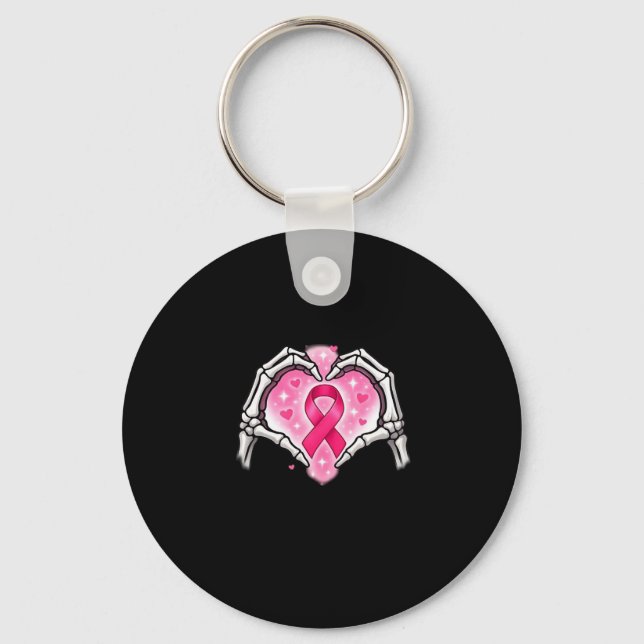 Breast Cancer Skeleton Hand Heart Sign Ribbon Awar Keychain (Front)