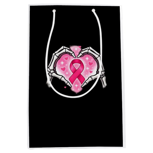 Breast Cancer Skeleton Hand Heart Sign Ribbon Awar Medium Gift Bag (Front)