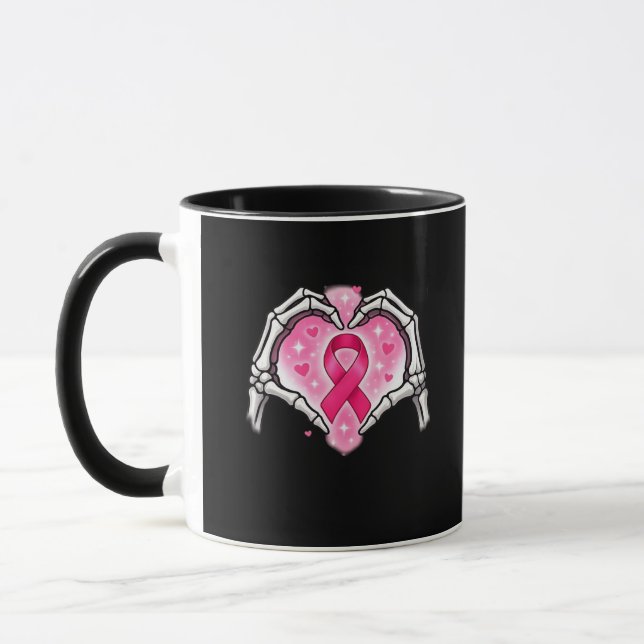 Breast Cancer Skeleton Hand Heart Sign Ribbon Awar Mug (Left)