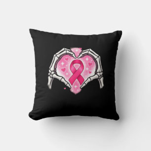 Breast Cancer Skeleton Hand Heart Sign Ribbon Awar Throw Pillow
