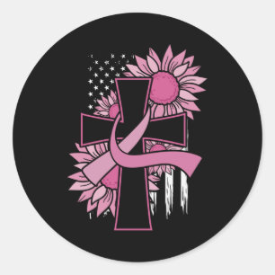Breast Cancer Sunflower Pink Ribbon Cross Faith Classic Round Sticker