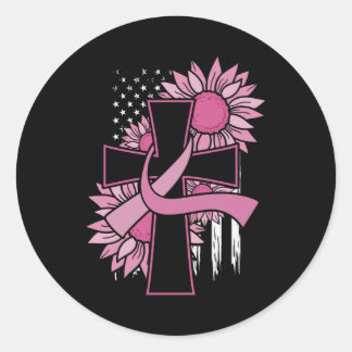 Breast Cancer Sunflower Pink Ribbon Cross Faith Classic Round Sticker