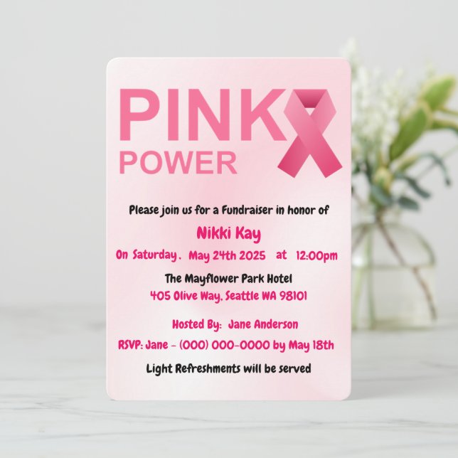 Breast Cancer Support Team Pink Ribbon Personalize Invitation (Standing Front)