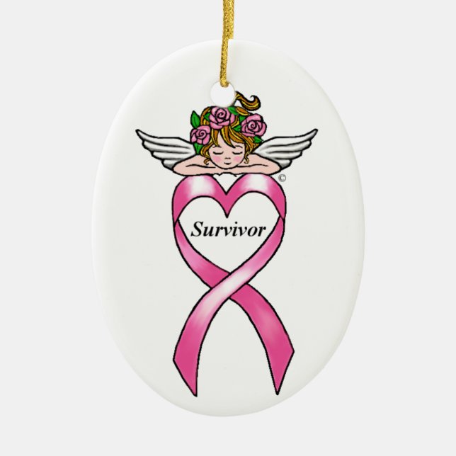 Breast Cancer "Survivor" Angel Ceramic Ornament (Front)