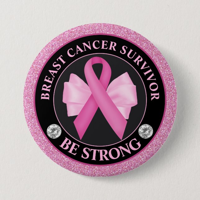 Breast Cancer Survivor – Pink Ribbon & Bow Glitter 3 Inch Round Button (Front)