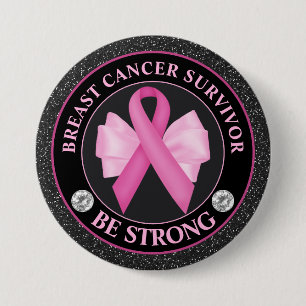 Breast Cancer Survivor – Pink Ribbon & Bow Glitter 3 Inch Round Button