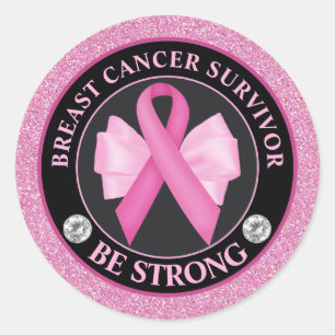 Breast Cancer Survivor – Pink Ribbon & Bow Glitter Classic Round Sticker