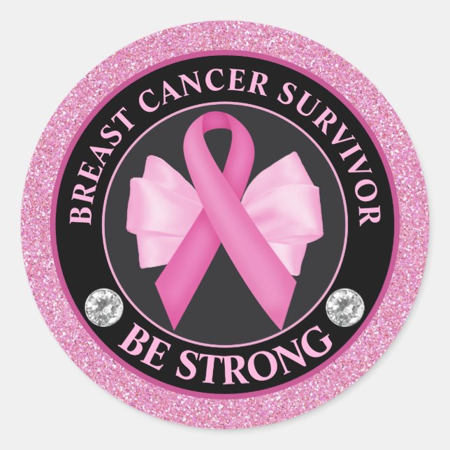 Breast Cancer Survivor – Pink Ribbon & Bow Glitter Classic Round Sticker (Front)