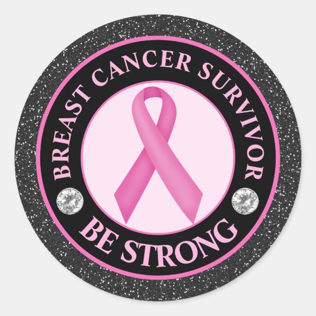 Breast Cancer Survivor – Pink Ribbon Glitter Classic Round Sticker (Front)