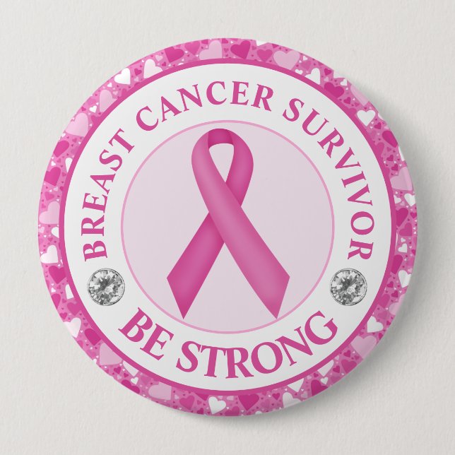 Breast Cancer Survivor – Pink Ribbon Heart Border 4 Inch Round Button (Front)