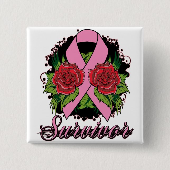 Breast Cancer Survivor Rose Tattoo 2 Inch Square Button (Front)