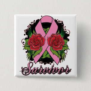 Breast Cancer Survivor Rose Tattoo 2 Inch Square Button