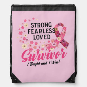 Breast Cancer Survivor Strong Fearless Loved Drawstring Bag