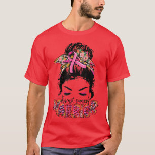 Breast Cancer Warrior Pink Messy Bun Hair Women  T-Shirt