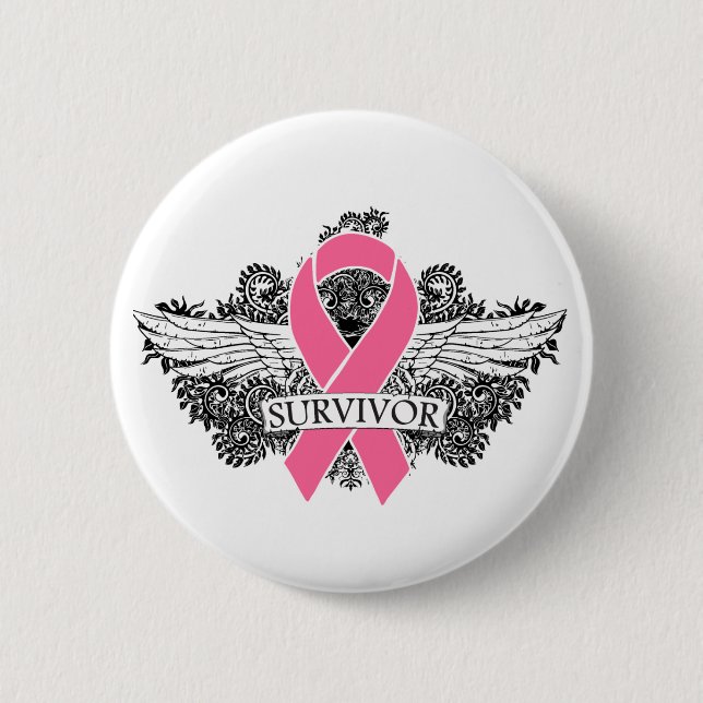 Breast Cancer Winged SURVIVOR Ribbon 2 Inch Round Button (Front)