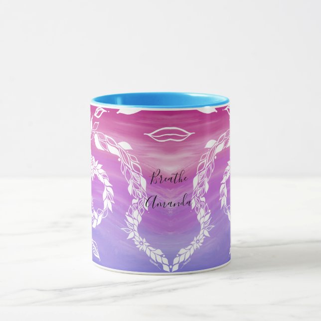 Breathe Abstract leaf design on pink background Mug (Center)
