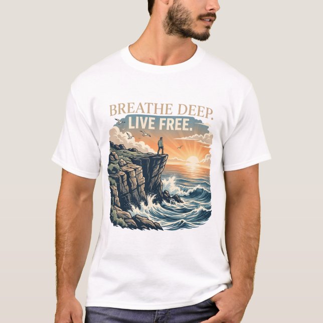 Breathe Deep Live Free Ocean Cliff Adventure Graph T-Shirt (Front)