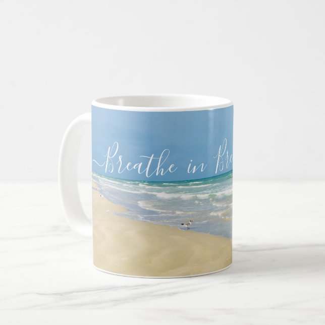 Breathe in Breathe Out Beautiful Beach Yoga Coffee Mug (Front Left)