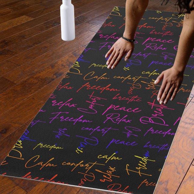Breathe Relax Peace Rainbow Script Black Pattern Yoga Mat (Creator Uploaded)
