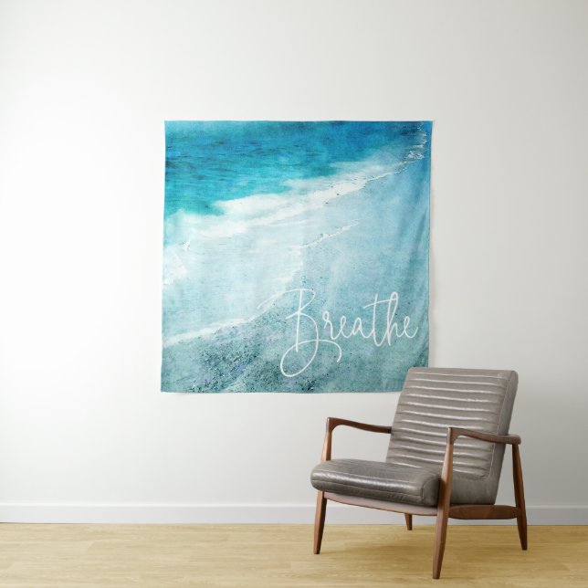 Breathe Yoga Quote Retro Beach Teal Blue Ocean Tapestry (In Situ)