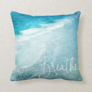Breathe Yoga Quote Retro Beach Teal Blue Ocean Throw Pillow