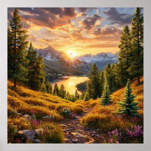 Breathtaking Alpine Sunrise Over Forested Valley Poster