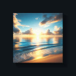 Breathtaking Golden Sunset over Calm Blue Ocean  Canvas Print<br><div class="desc">A stunning digital painting capturing the intense beauty of a coastal sunset. The sun sits low on the horizon, casting a brilliant golden glow over deep blue waves and reflecting perfectly on the wet sand. Dramatic, sun-lit clouds scatter across a vibrant sky, creating a majestic and inspiring atmosphere. Ideal for...</div>
