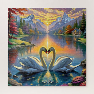 Breathtaking Mountain Sunset with Elegant Swans Jigsaw Puzzle