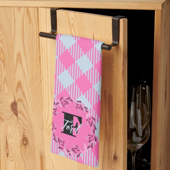 "Breezy Blue, Hot Pink"  Gingham Customizable Kitchen Towel (Thirds Fold)