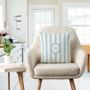Breezy Stripes in Vintage Pale Blue with Initial Throw Pillow