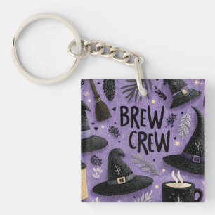 Brew Crew Graphic with Witch Hats, Coffee Mugs Keychain