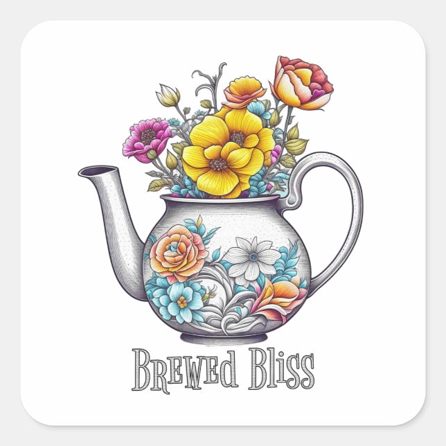 Brewed Bliss Teapot Square Sticker (Front)