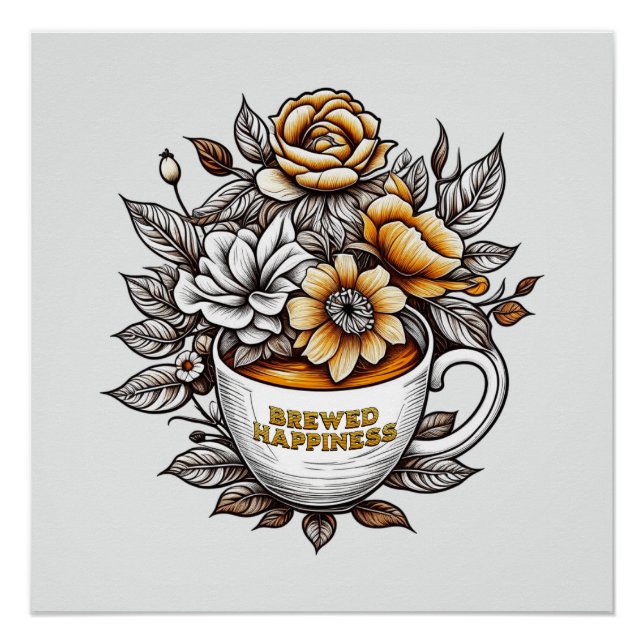 Brewed Happiness Coffee Flowers Poster (Front)