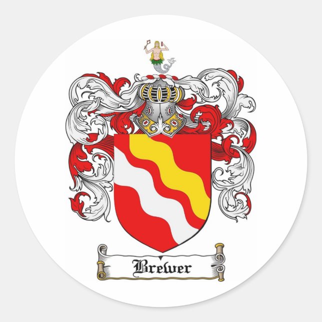 BREWER FAMILY CREST -  BREWER COAT OF ARMS CLASSIC ROUND STICKER (Front)