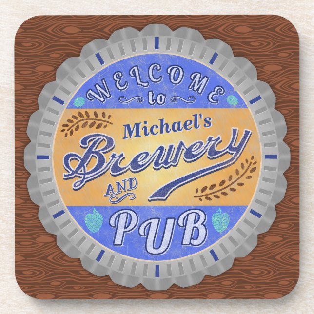 Brewery Pub Personalized Beer Bottle Cap Coaster (Front)