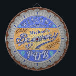 Brewery Pub Personalized Beer Bottle Cap Dartboard<br><div class="desc">This design for your brewery and pub decor is made to look like a beer bottle cap. It says, "Welcome to [Your Name] Brewery & Pub." The text and design have a distressed, weathered look, to make the bottle cap image appear slightly antique. The design has a hops and barley...</div>