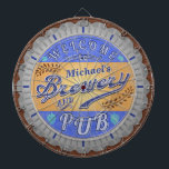 Brewery Pub Personalized Beer Bottle Cap Dartboard<br><div class="desc">This design for your brewery and pub decor is made to look like a beer bottle cap. It says, "Welcome to [Your Name] Brewery & Pub." The text and design have a distressed, weathered look, to make the bottle cap image appear slightly antique. The design has a hops and barley...</div>